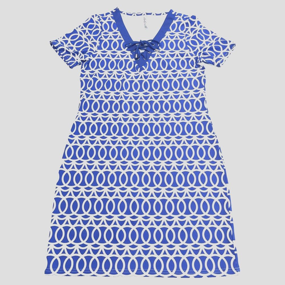 Lulu B Geo Print UPF Dress Sz XS Blue White Short Sleeve Coastal Nautical Resort